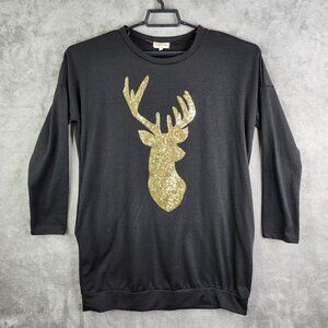 Womens Black Sweet Pea Gold Sweater Sequin Deer Pop Over Long Sleeve Size M
